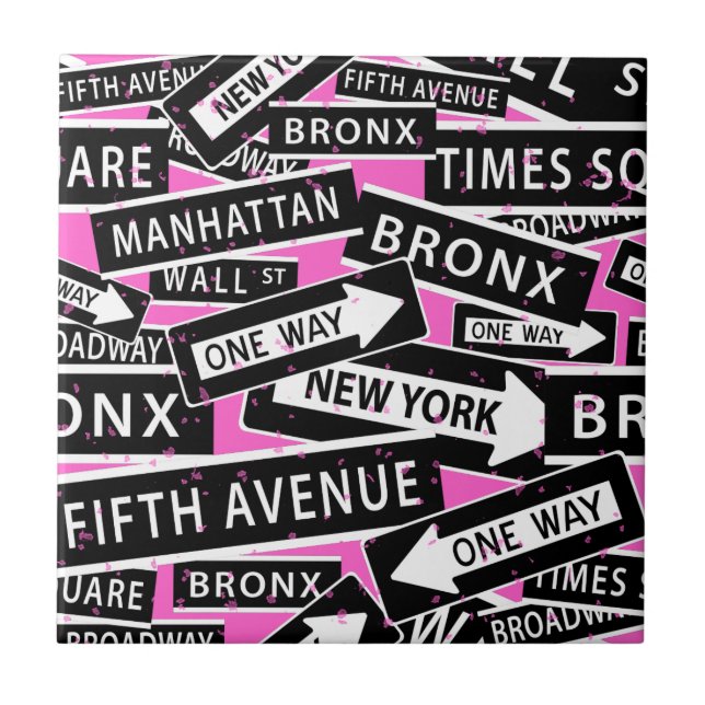 New York Street Signs Black White Rosa Kakelplatta (Framsidan)