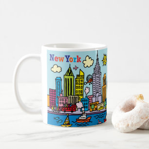 New York Tecknad Sightsee Byggnad Kaffemugg