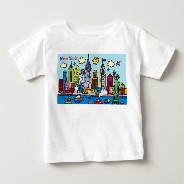 New York Tecknad Sightsee Byggnad T Shirt (Framsida)