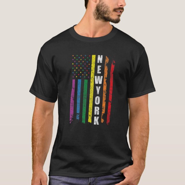New York USA American Flagga Rainbow Gay Lgbt Prid T Shirt (Framsida)