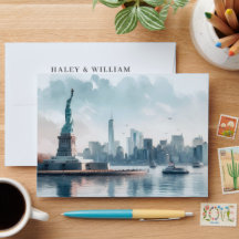 New York Vattenfärg Illustration Skyline Bröllop