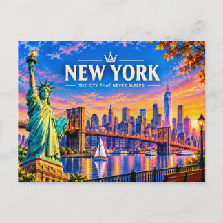 New York Vintage Resa Konst -och Solnedgång Skylin Helg Vykort