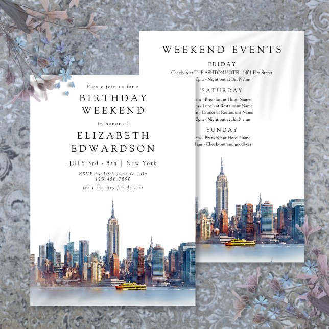 New York Watercolor Födelsagshelg Inbjudningar (New York Watercolor Birthday Weekend Invitation)
