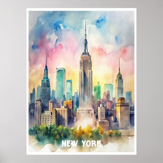New York Watercolor-målning Poster (Framsidan)