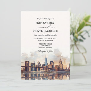 New York Watercolor Skyline Destination Wedding Inbjudningar