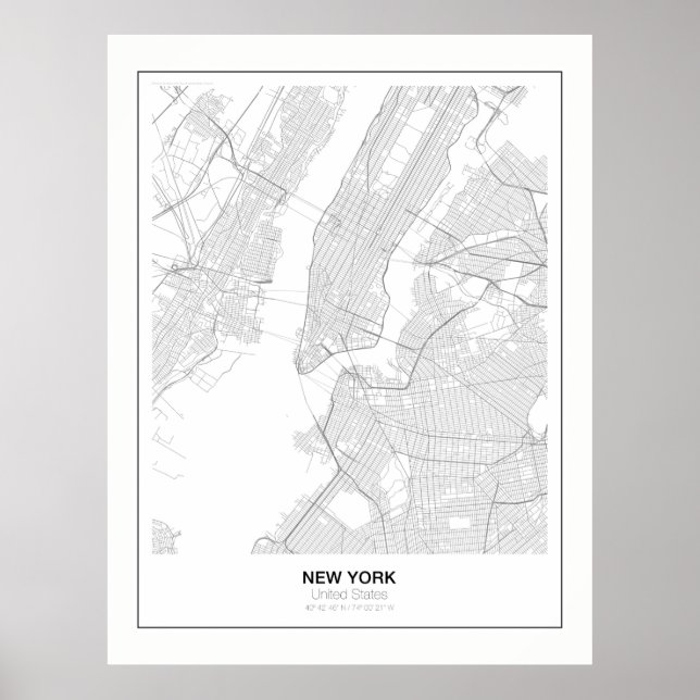 New Yorks minimalistiska Karta Poster med marginal (Framsidan)