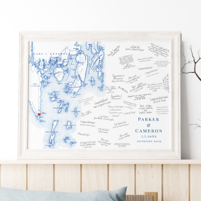 Newagen Southport Bröllop Blue Guest Bok Poster (Newagen Seaside Inn Wedding Alternative Guest Book Poster Boothbay Harbor Map by Coastal Map Designs)