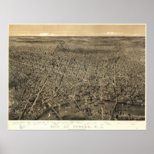 Newark New jersey 1874 Antique Panoramic Karta Poster