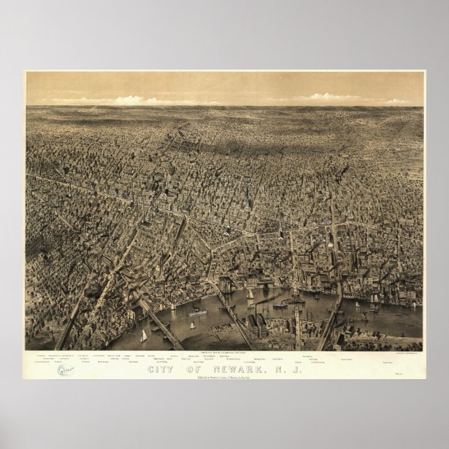 Newark New jersey 1874 Antique Panoramic Karta Poster (Framsidan)
