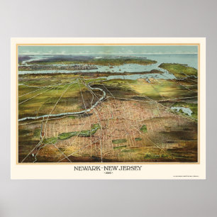 Newark, NJ Panoramic Karta - 1916 Poster
