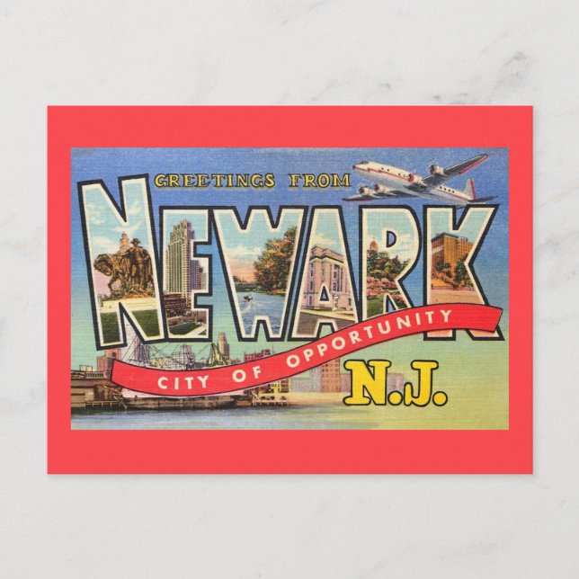 Newark NJ Staden för möjligheter Retro Vykort (Framsida)
