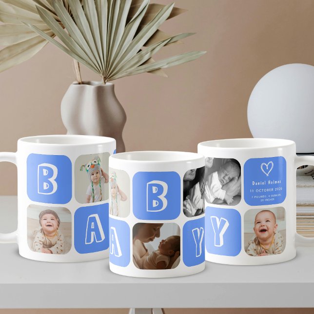 Newborn Baby Boy 5 photo collage keepsake Blue Kaffemugg (Skapare uppladdad)