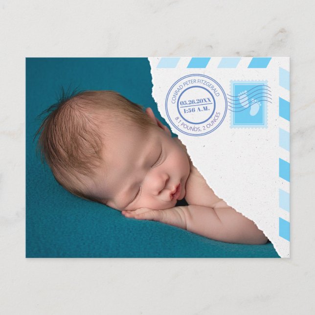 Newborn Baby Boy Announcement Postcard Meddelande Vykort (Framsida)