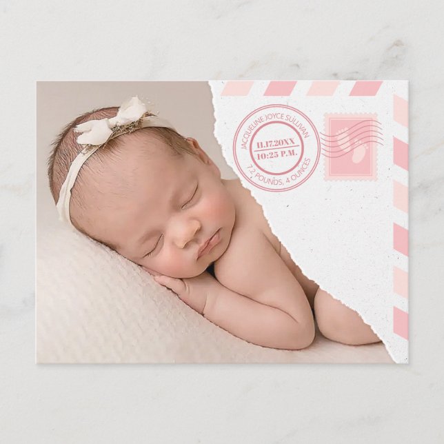 Newborn Baby Girl Announcement Postcard Meddelande Vykort (Framsida)