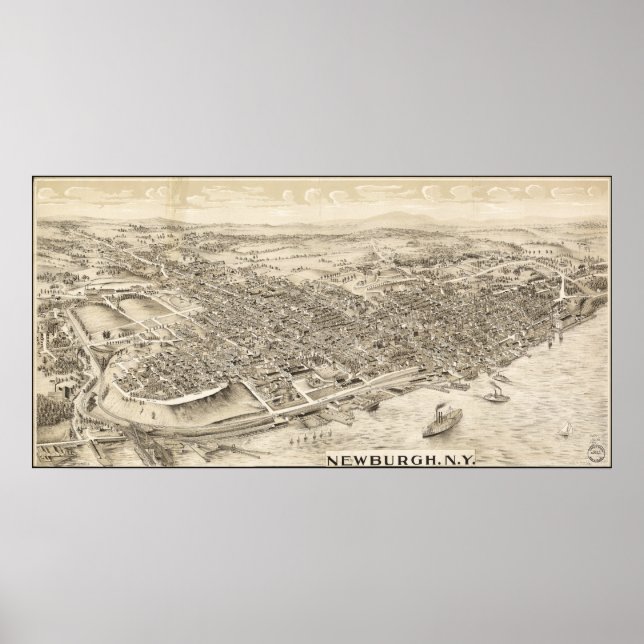 Newburgh New York 1900 Antique Panoramic Karta Poster (Framsidan)