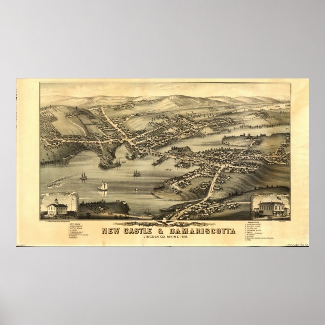 Newcastle & Damariscotta Maine 1878 Panoramic Kart Poster (Framsidan)