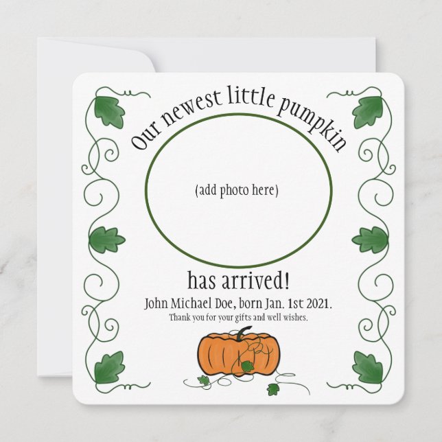Newest Little Pumpkin Birth Announcement Thank You (Framsida)