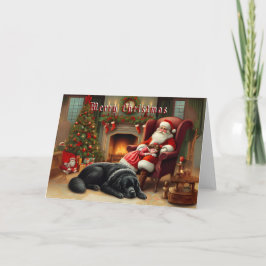 Newf & Santa Sleeping by Fireplace Card Helgkort