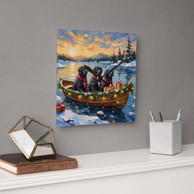 Newfoundland Dog Christmas Boat Holiday Fyrkantig Klocka (Kontor)