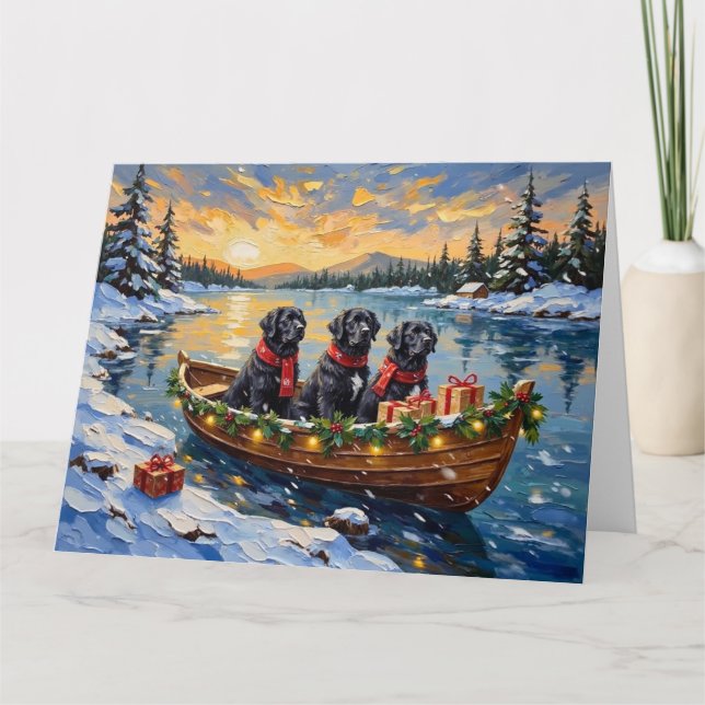 Newfoundland Dog Christmas Boat Holiday Kort (Framsida)