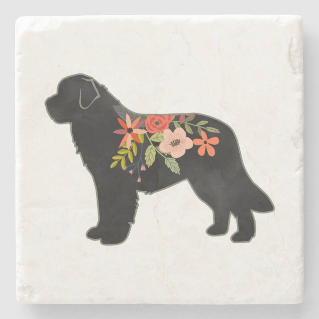 Newfoundland Hund aveln Boho Blommigt Silhouette Stenunderlägg (Framsidan)
