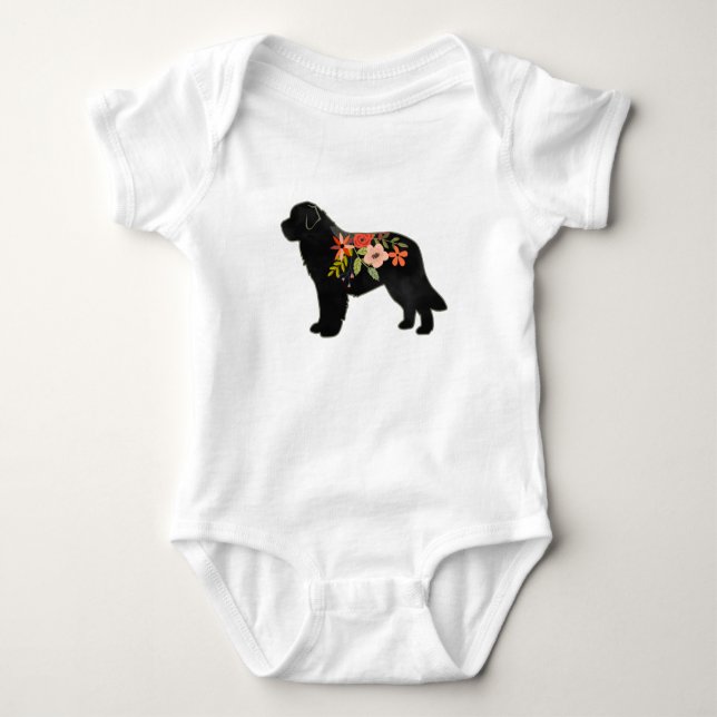 Newfoundland Hund aveln Boho Blommigt Silhouette T Shirt (Framsida)