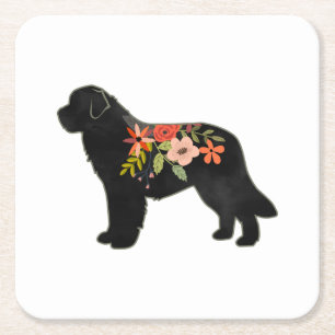 Newfoundland Hund aveln Boho Blommigt Silhouette Underlägg Papper Kvadrat