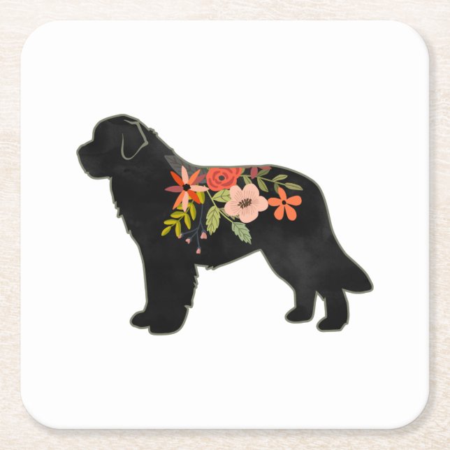 Newfoundland Hund aveln Boho Blommigt Silhouette Underlägg Papper Kvadrat (Framsidan)