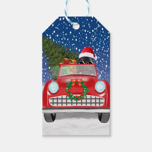 Newfoundland Hund Drivbil i Snö jul Presentetikett (Framsidan)