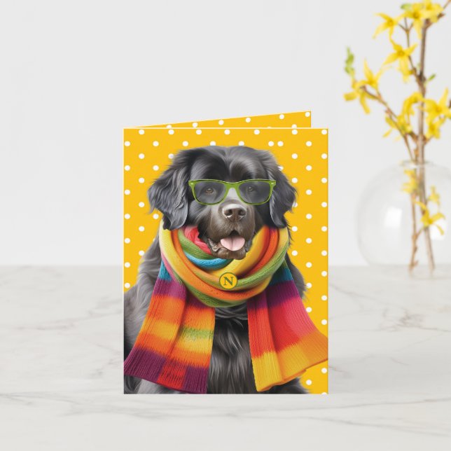 Newfoundland Hund Gul Prick Mönster Monogram Kort (Gul blomma)