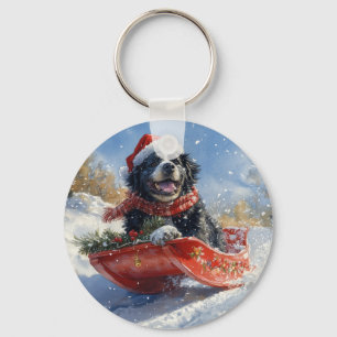 Newfoundland Hund i Släd Låt det Snöa Jul Nyckelring