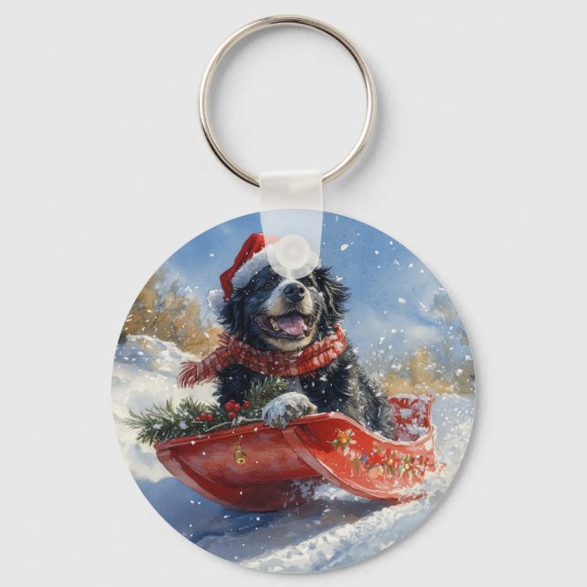 Newfoundland Hund i Släd Låt det Snöa Jul Nyckelring (Framsida)