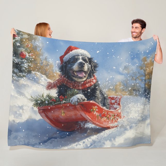 Newfoundland Hund i Släde Låt det Snöa Jul Fleecefilt (På plats)