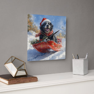 Newfoundland Hund i Sledge Låt det snöa jul Fyrkantig Klocka