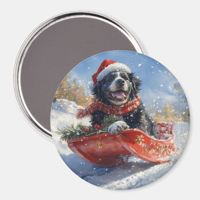 Newfoundland Hund i Sledge Låt det snöa jul Magnet (Front/Back)