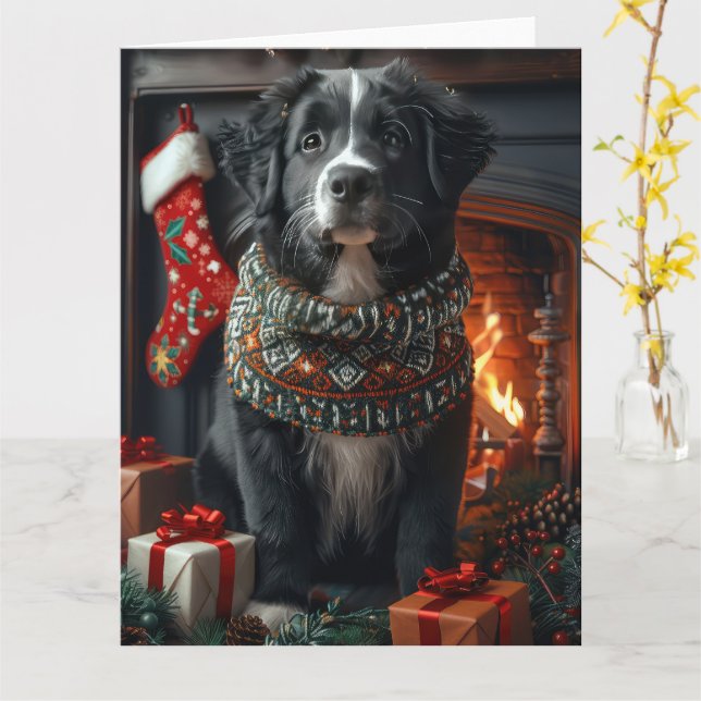 Newfoundland Hund Med Julpresenter Öppen Spis Kort (Gul blomma)