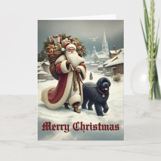 Newfoundland Hund & Old-Stil Santa Helgkort (Framsida)