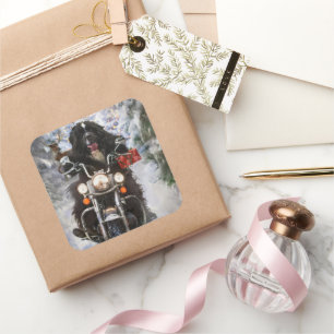 Newfoundland Hund Riding Motorcle jul Fyrkantigt Klistermärke