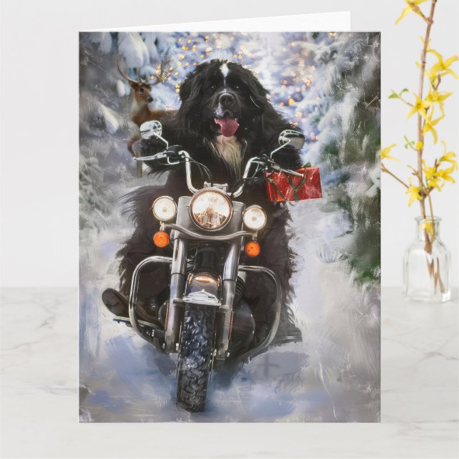 Newfoundland Hund Riding Motorcle jul Kort (Gul blomma)
