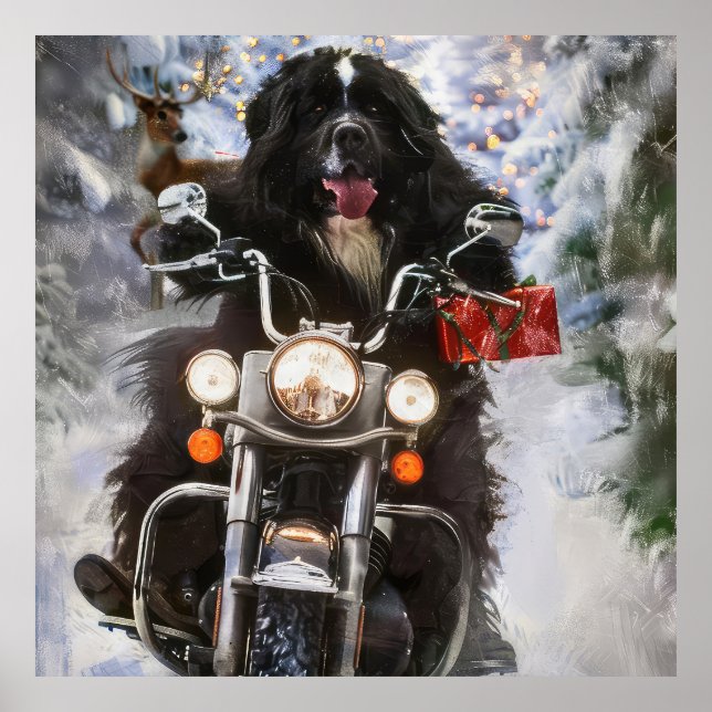 Newfoundland Hund Riding Motorcle jul Poster (Framsidan)