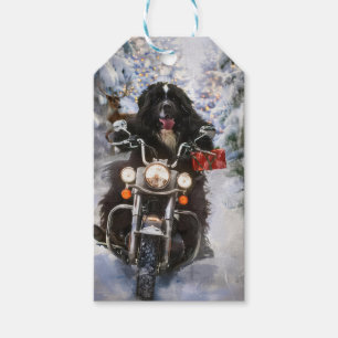 Newfoundland Hund Riding Motorcle jul Presentetikett