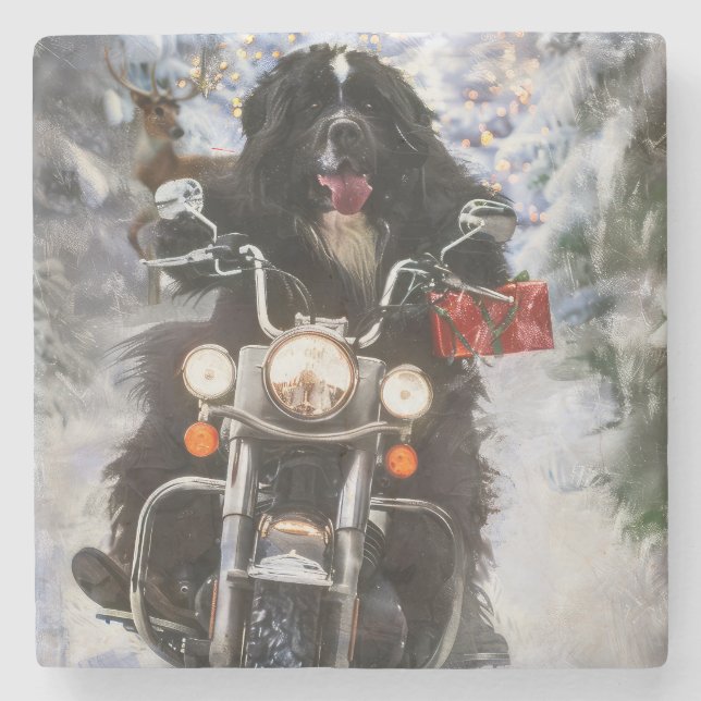 Newfoundland Hund Riding Motorcle jul Stenunderlägg (Framsidan)