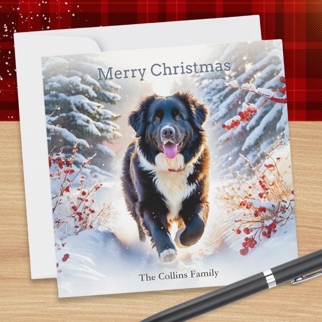 Newfoundland Hund Snö Scene Watercolor jul Julkort (Skapare uppladdad)