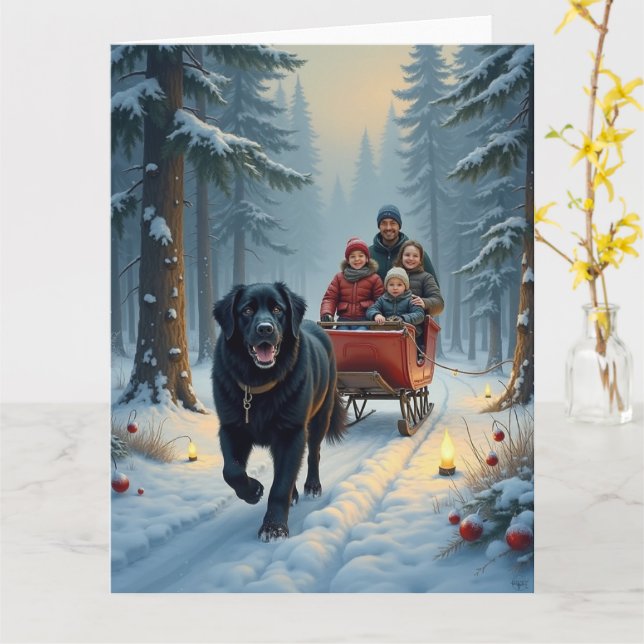 Newfoundland Hund Snöig Slädtur Jul Kort (Gul blomma)
