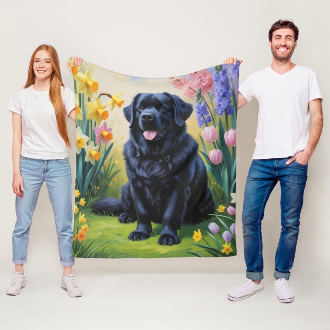 Newfoundland Hund Vårblommor Målning Fleecefilt (På plats)