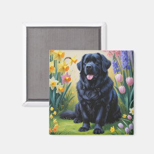 Newfoundland Hund Vårblommor Målning Magnet