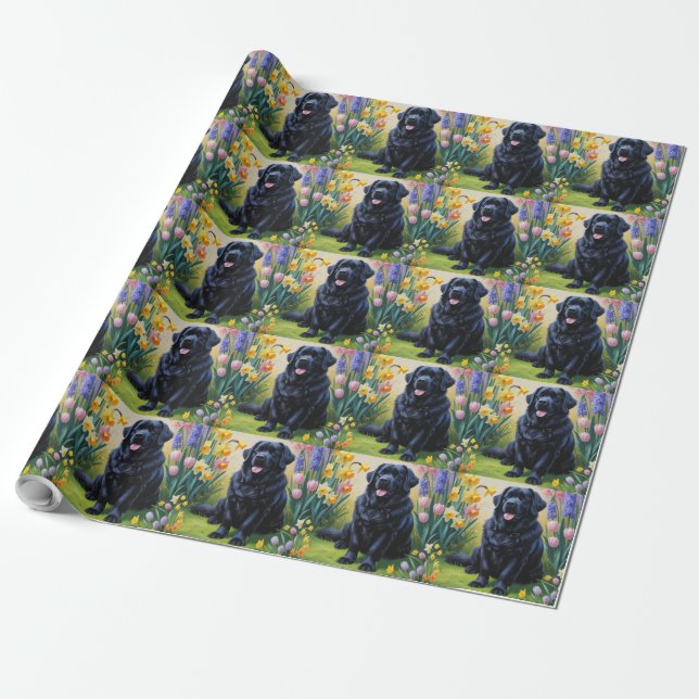 Newfoundland Hund Vårblommor Målning Presentpapper (Utrullad)