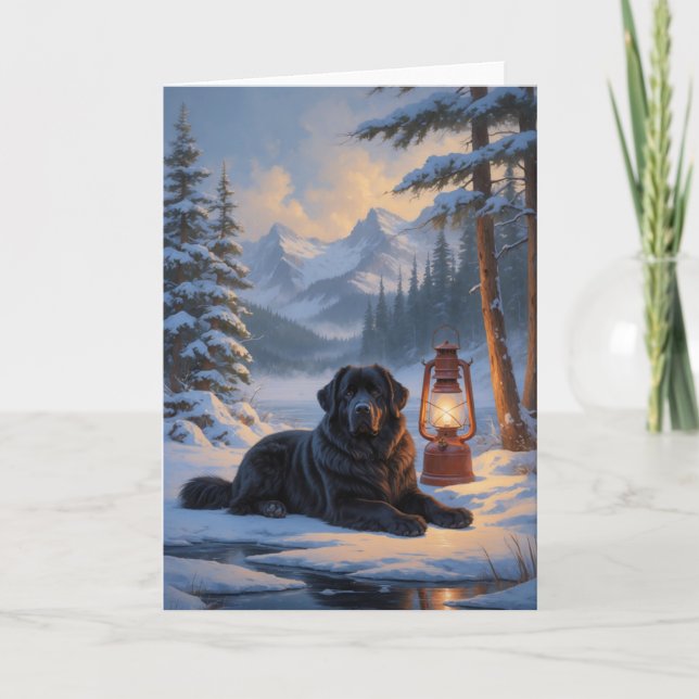 Newfoundland Hund vid frusen sjö Vintermålning Kort (Framsida)