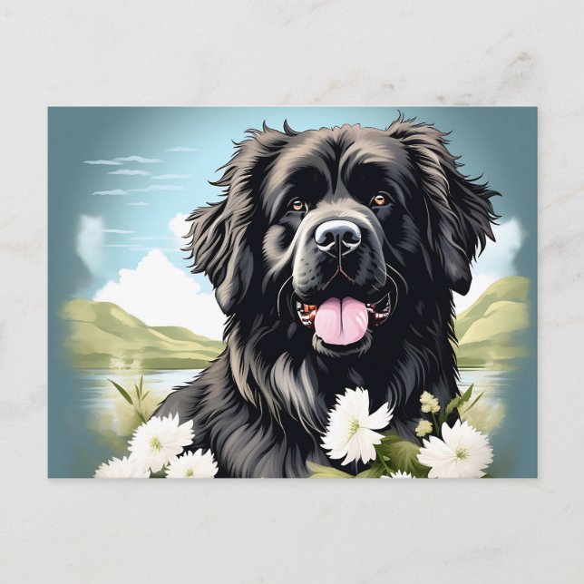 Newfoundland Hund with White Flowers Vykort (Framsida)