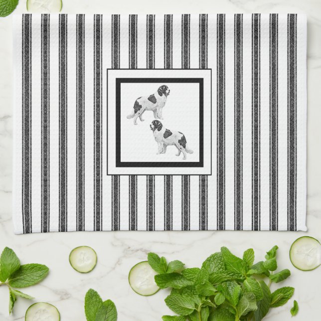 Newfoundland Landseer på svarta och vita rand Kökshandduk (Vikta)